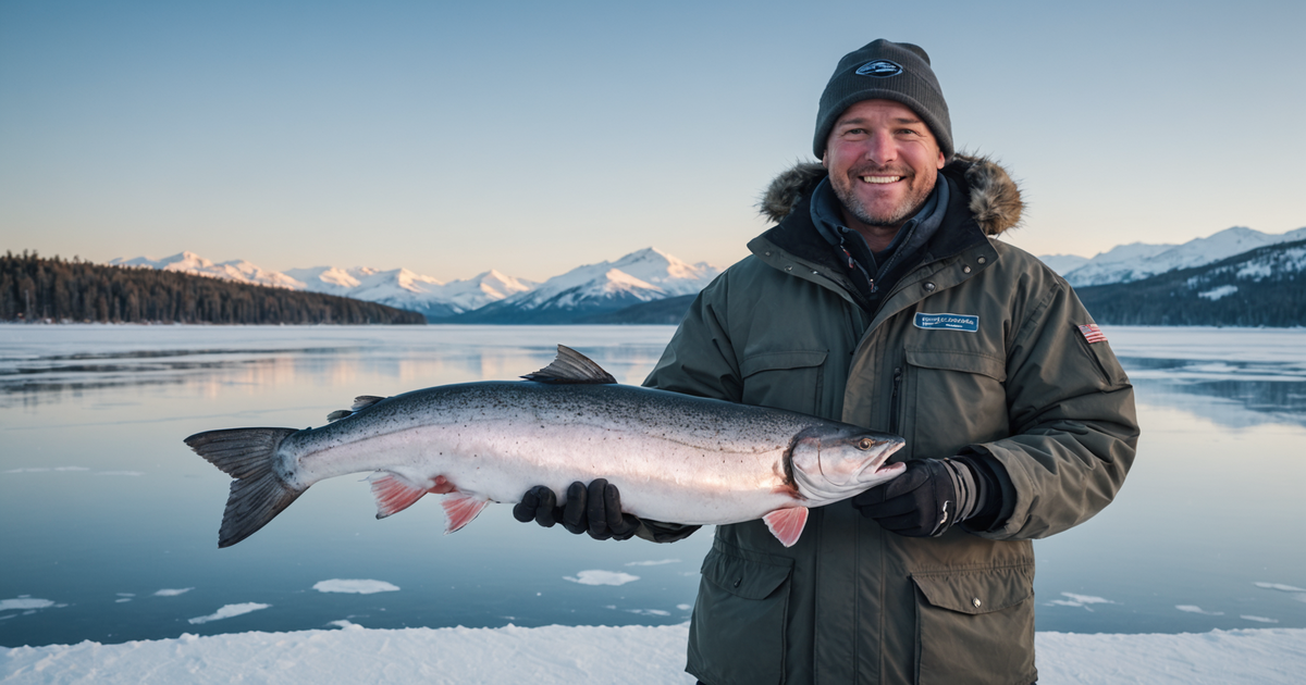 A fisherman proudly holding a large Alaskan salmon on a frozen lake
