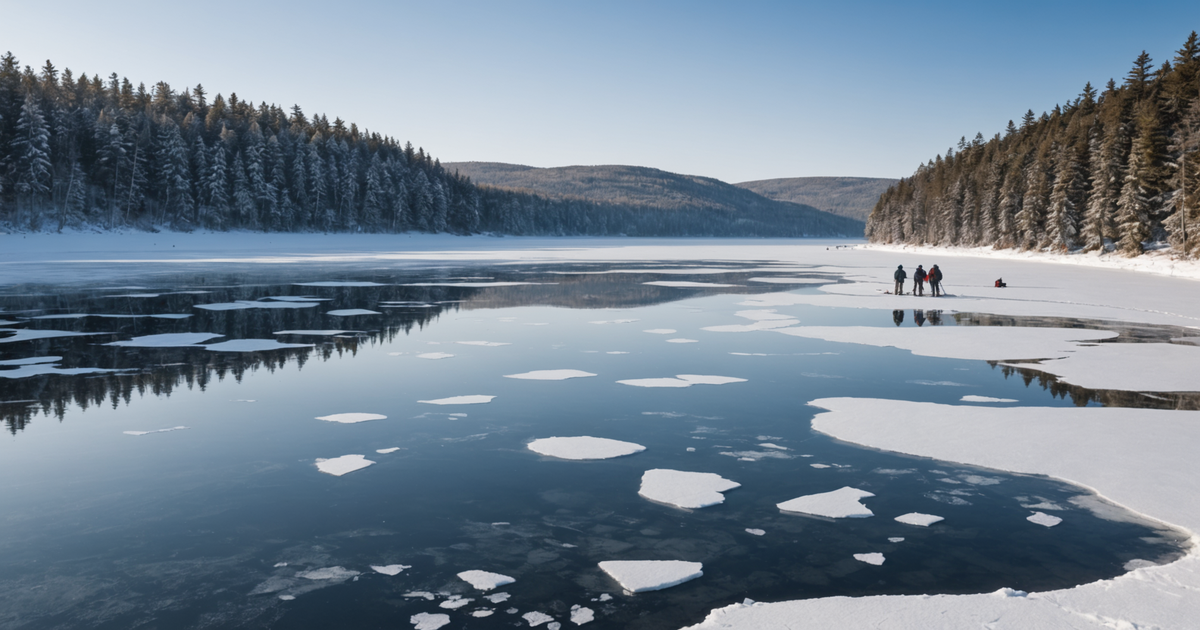 A panoramic view of Devils Lake with anglers on the ice