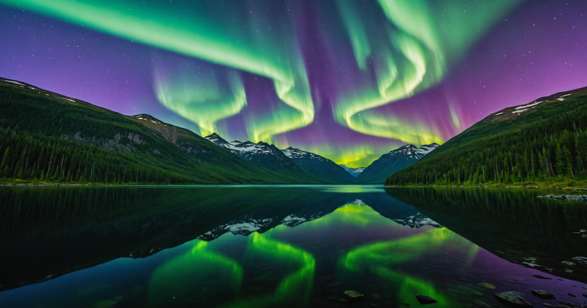 An Alaskan lake with the northern lights dancing overhead