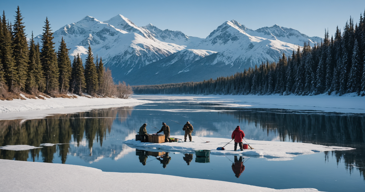 A stunning Alaskan ice fishing scene with snow-capped mountains in the background