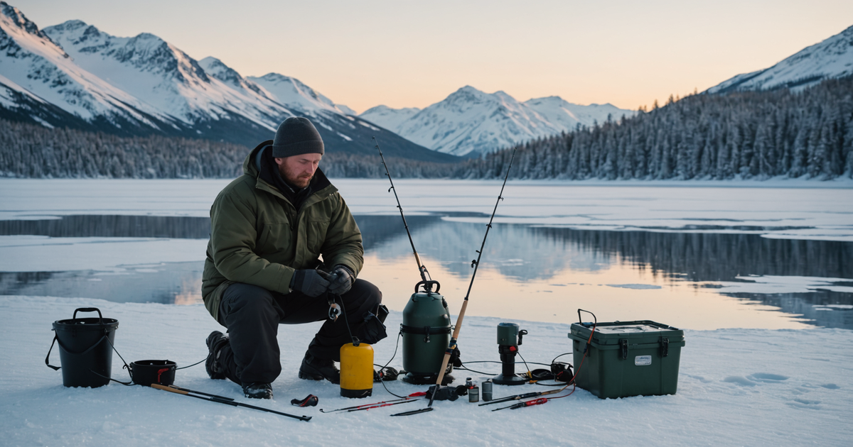 An angler preparing their fishing gear on a frozen Alaskan lake