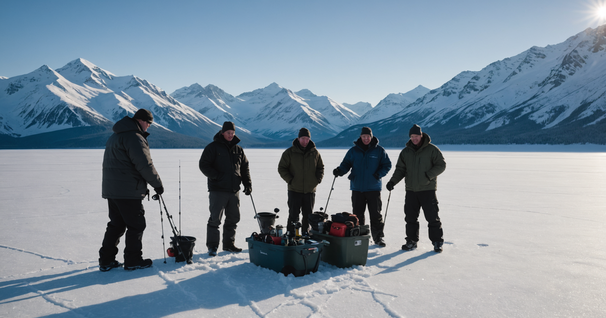 A guided ice fishing group setting up on a frozen Alaskan lake
