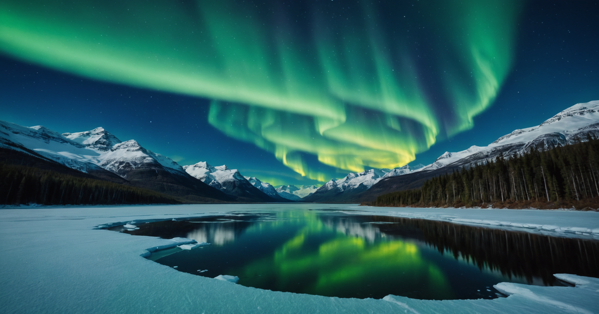 A majestic view of the Northern Lights over a frozen lake in Alaska