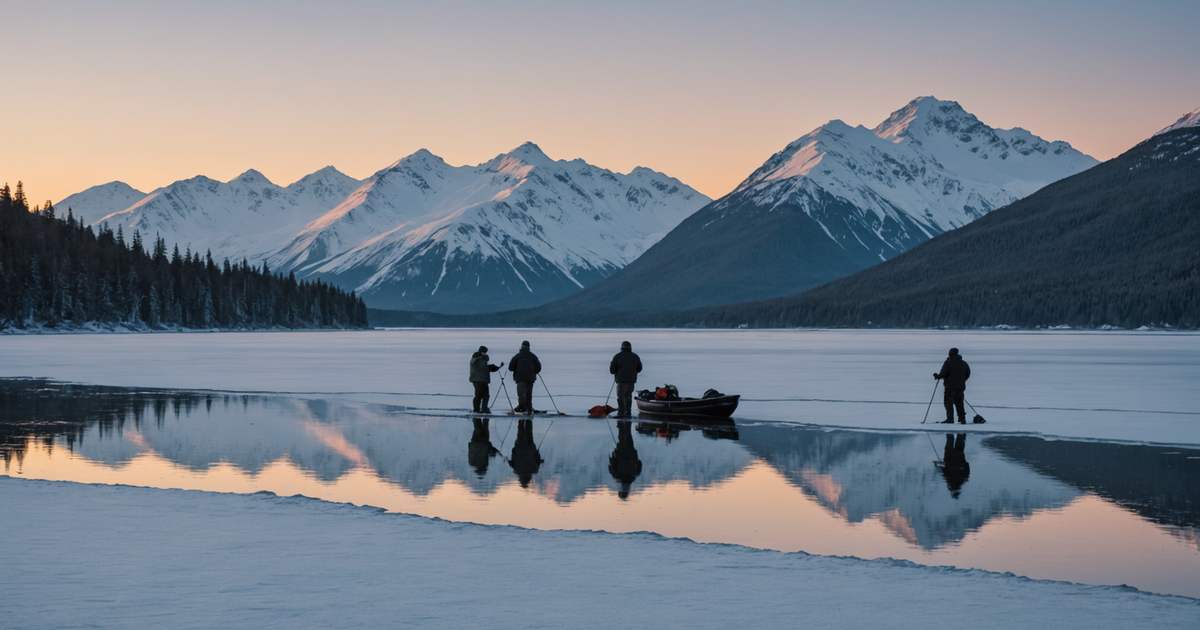 A serene Alaskan lake with ice fishers surrounded by snow-capped mountains.