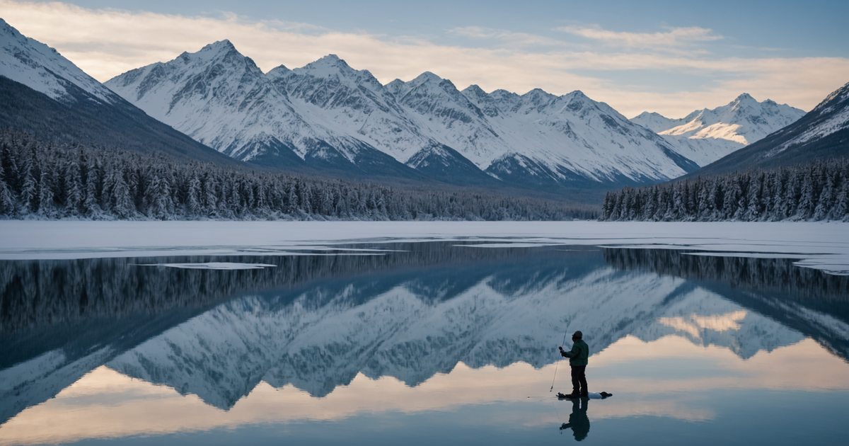 An angler fishing on a frozen Alaskan lake with snow-covered mountains in the background.