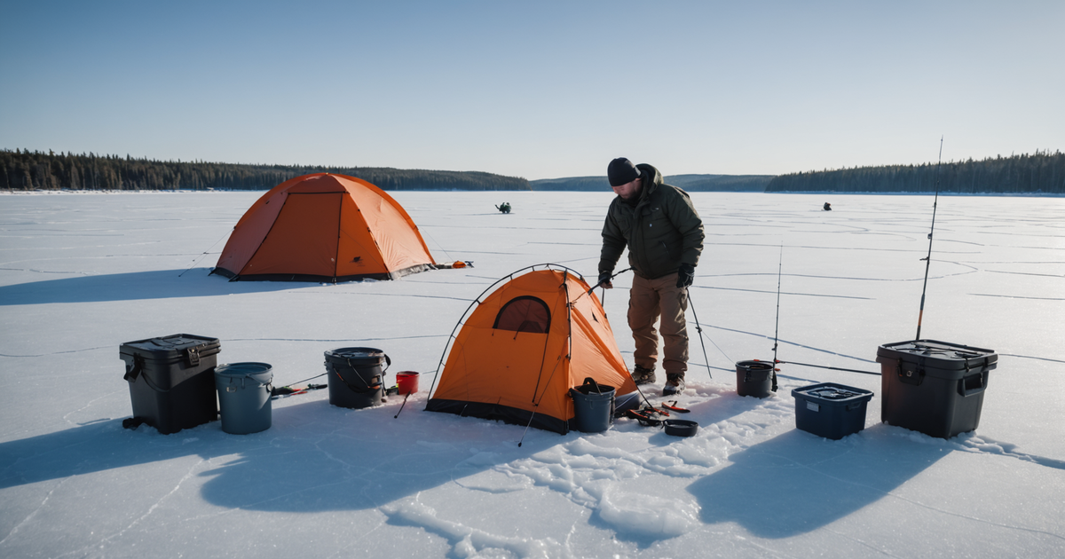A well-equipped ice fishing setup with a tent, rods, and an angler preparing bait.