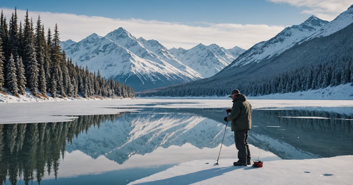 A scenic view of Alaskan mountains with an angler ice fishing